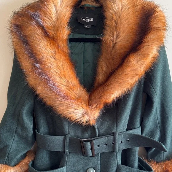 Collectif Jackie Coat with Brown Faux Fur - Green - Picture 6 of 9